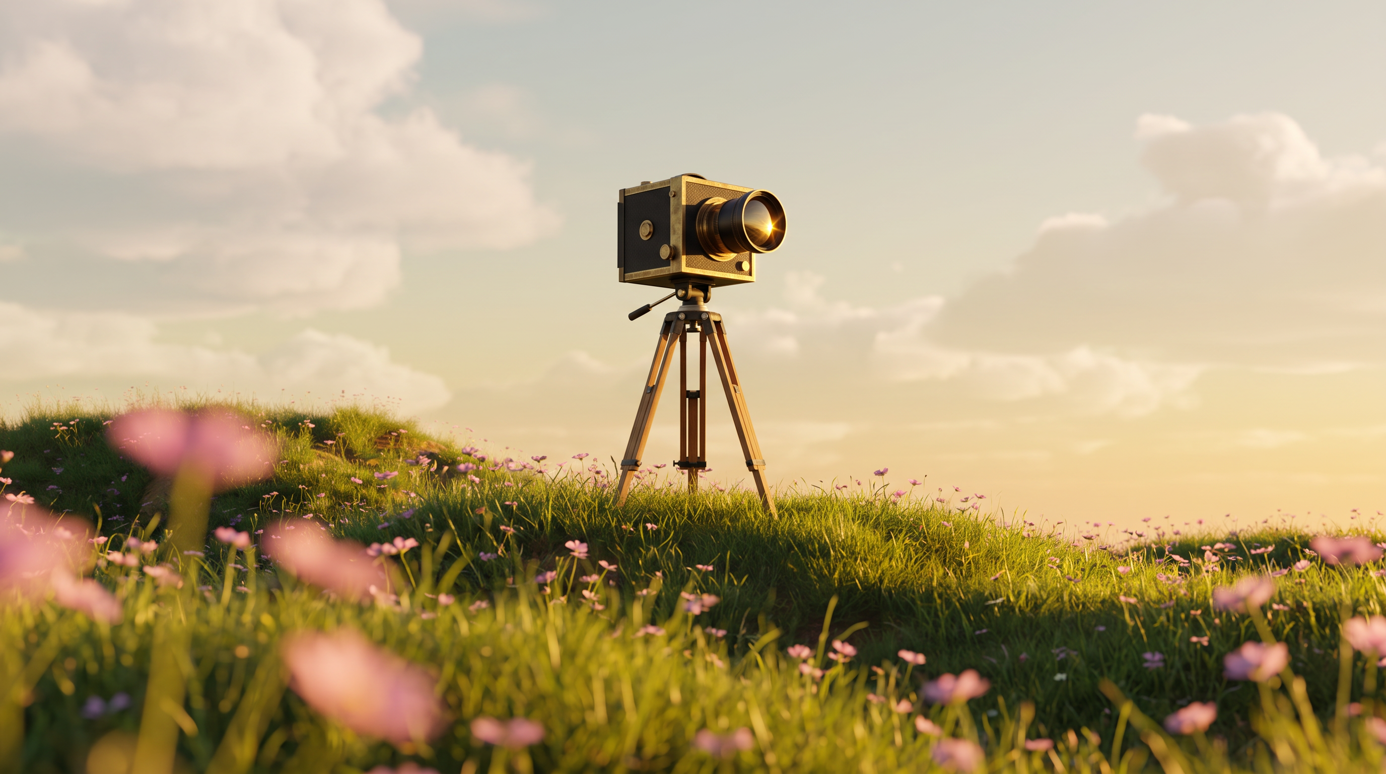 A vintage film camera on a tripod in a wildflower field at golden hour
